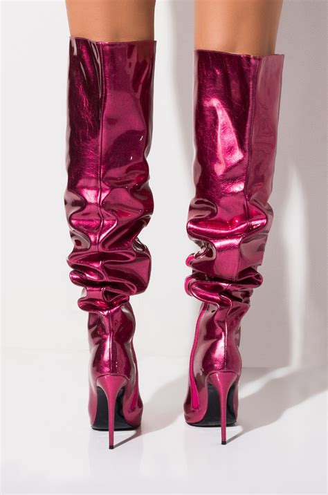 Azalea Wang Sexy Metallic Thigh High Pointed Toe Stiletto Heel Boot In Fuchsia