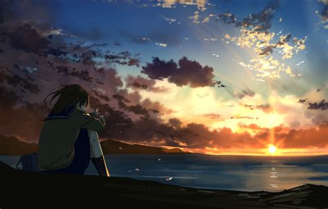 Wallpaper Sunset Anime Art Girl Sitting Images For