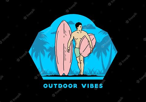 Premium Vector The Shirtless Man Holding Surfboard Illustration