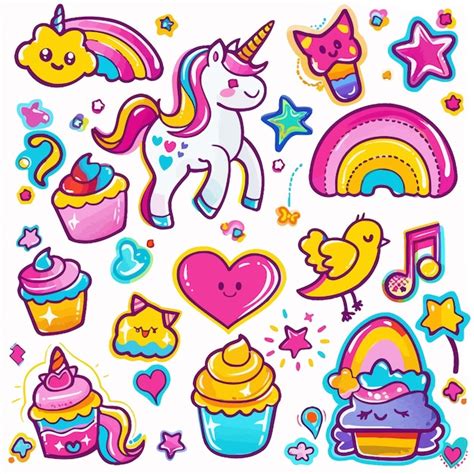 Un Collage De Unicornios Y Arco Iris Vector Premium