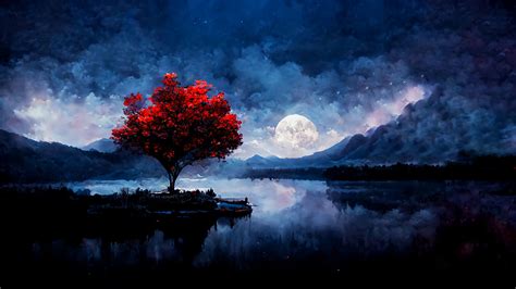 Red Trees Full Moon Landscape Matte Painting Artstation Ai Art