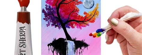 Easy Autumn Tree With Waterfall Moon Q Tip Acrylic Painting Tutorial 🎨💜