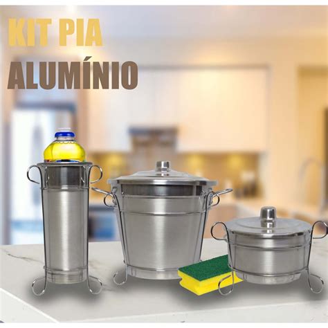 Kit Pia Alumínio Lixeira Porta Sabão e Detergente Cozinha Com Suporte