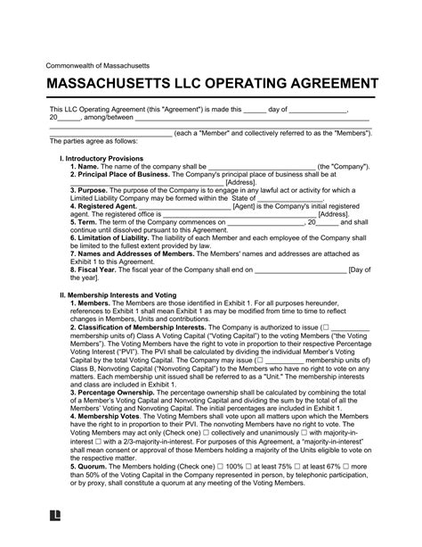 Free Massachusetts Llc Operating Agreement Template Pdf And Word