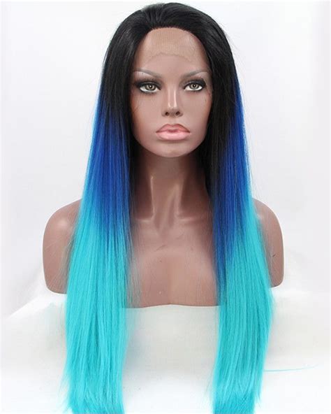Feshfen Black Blue Ombre Three Tones Long Straight Synthetic Lace Front
