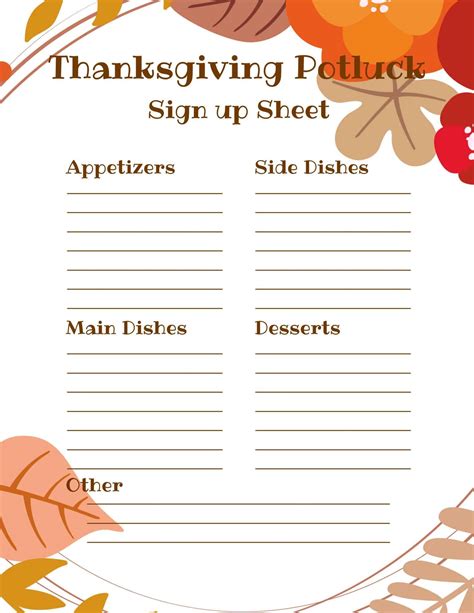 Thanksgiving Potluck Sign Up Sheet