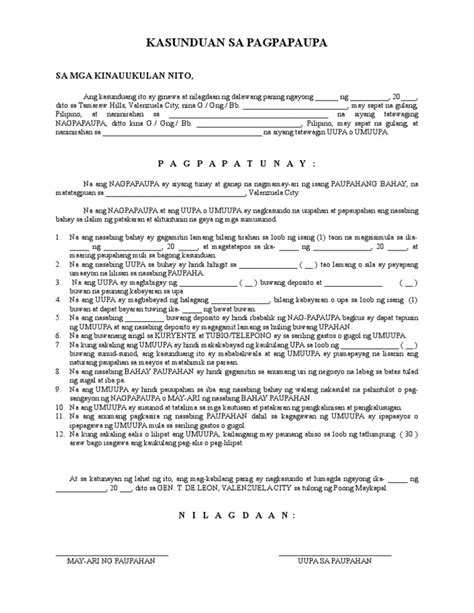 Contextual translation of memorandum ng kasunduan format sample into english. KASUNDUAN SA PAGPAPAUPA