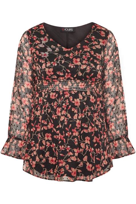 Black And Red Floral Dobby Shirred Blouse Yours Clothing