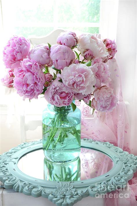 Shabby Chic Pink Peonies In Aqua Vase Romantic Cottage Peonies Pink