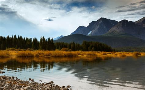 Wallpaper Canada Alberta Autumn Mountains Forest Lake Blue Sky Clouds