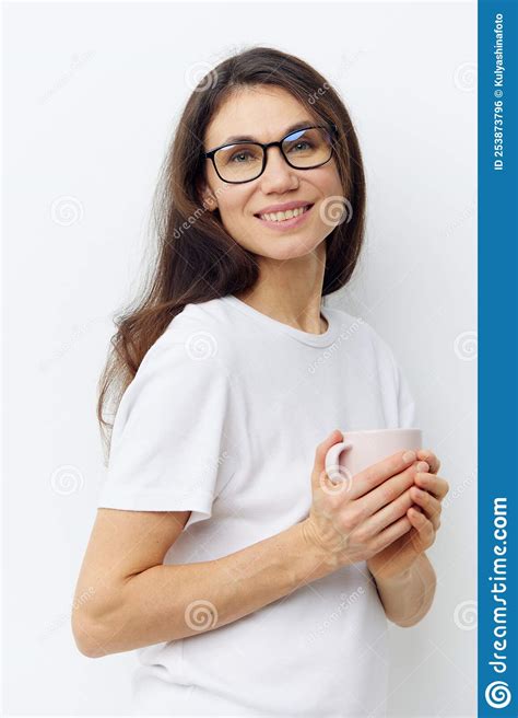 Portrait Of An Incredibly Happy Beautiful Attractive Middle Aged Brunette In Glasses And A