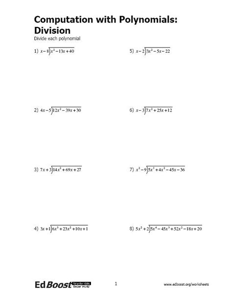 Computation With Polynomials Division Edboost Worksheet Template
