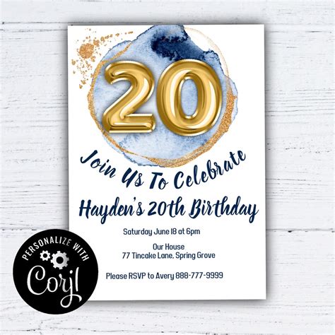 20th Birthday Invitation Mens 20th Birthday Invitenavy Blue And Gold