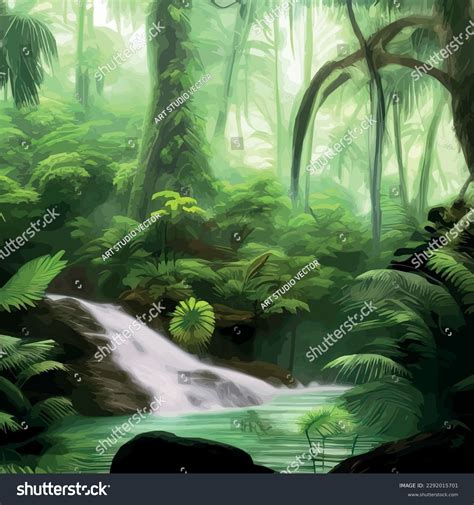 Lush Amazonian Jungle Waterfalls Raging River Stock Vector Royalty
