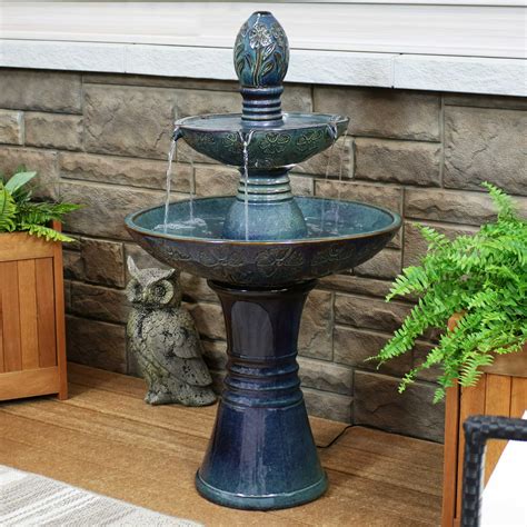 Sunnydaze Double Tier Outdoor Ceramic Water Fountain With Led Lights