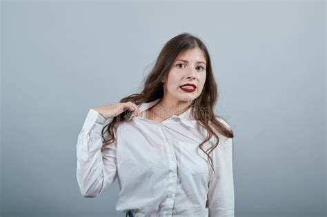 Disappointed Young Woman Keeping Hands Crossed Puffed Out Her Cheeks Stock Image Image Of
