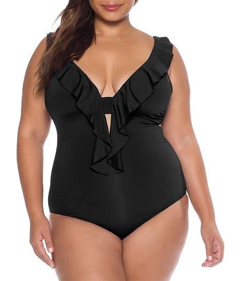 Becca By Rebecca Virtue Plus Size Color Code Ruffle Plunge Tummy Control One Piece Swimsuit