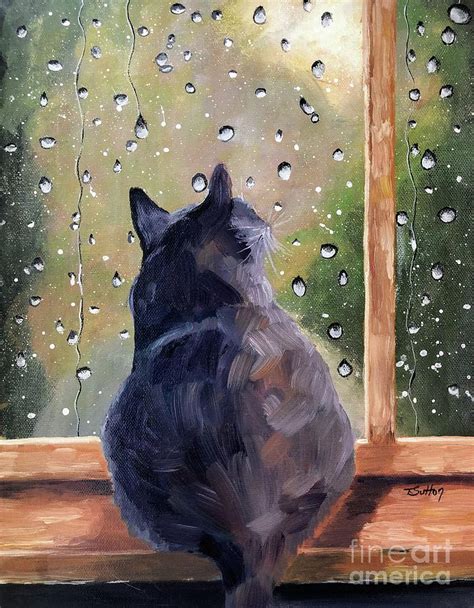 Cat And Rainy Window Painting By Tricia Sutton