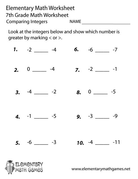 Free Printable Comparing Integers Worksheet For Seventh Grade