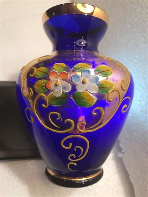Vtg Bohemian Czech Cobalt Blue Vase Glass 24k Gold Raised Applied
