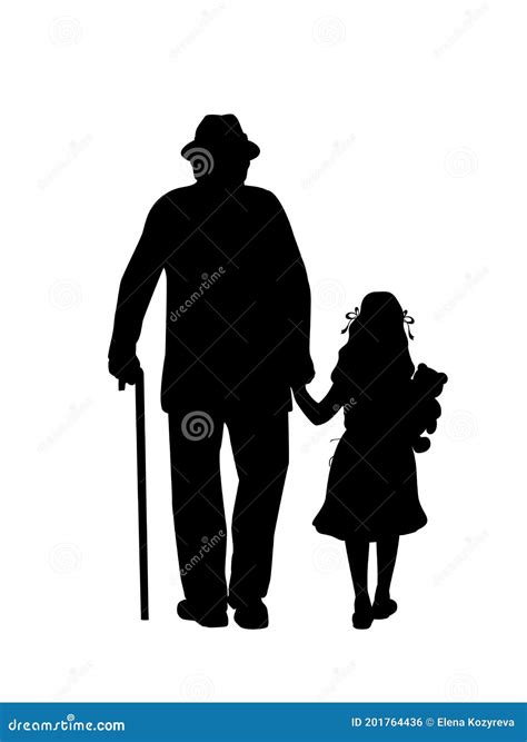 Silhouette Of Grandfather Walking With Grandson Vector Illustration