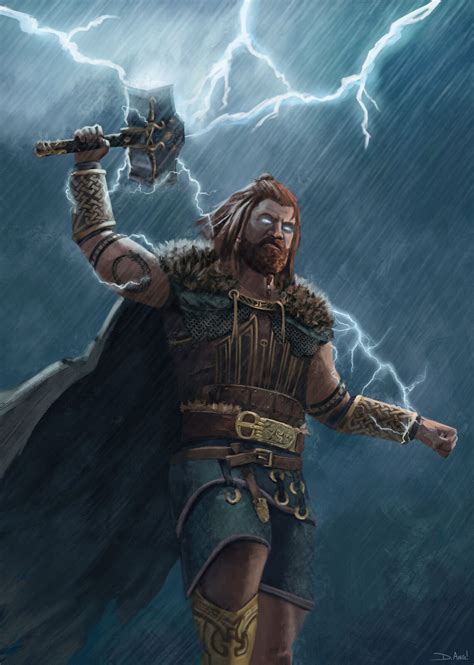 A Painting Of A Man In Armor Holding A Hammer And Lightning Behind Him