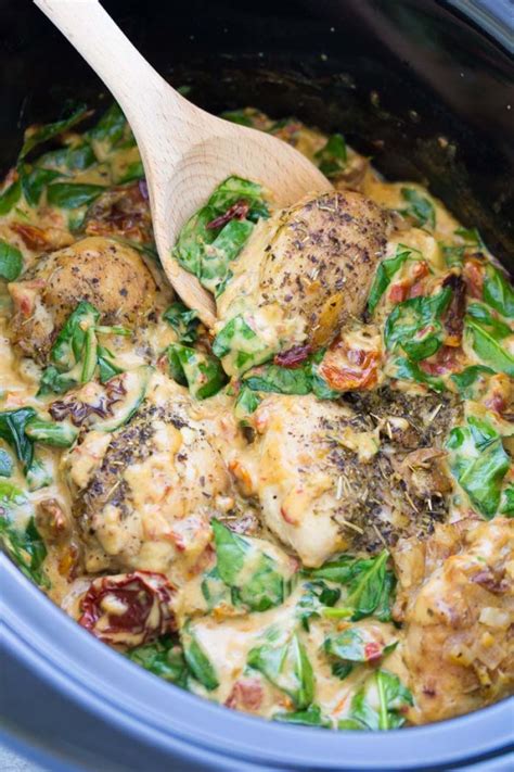 Cover the crockpot and cook the chicken . Tuscan Slow Cooker Chicken Thighs