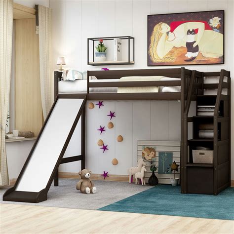 Modern Twin Size Loft Bed With Storage And Slide Solid Wood Bunk Beds