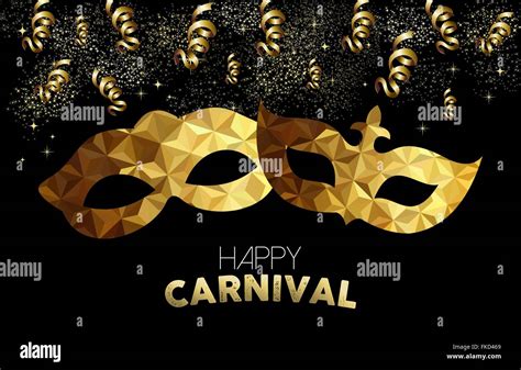 Golden Carnival Design Low Poly Masks With Text Gold Party Streamers