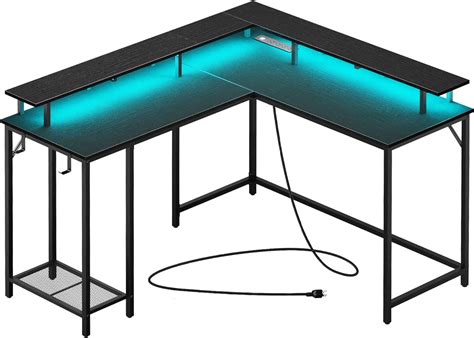 Superjare L Shaped Gaming Desk With Power Outlets And Led Lights