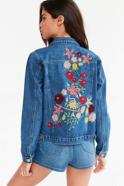 True Blue Jean Jacket With Flowers Embroidered At The Back From