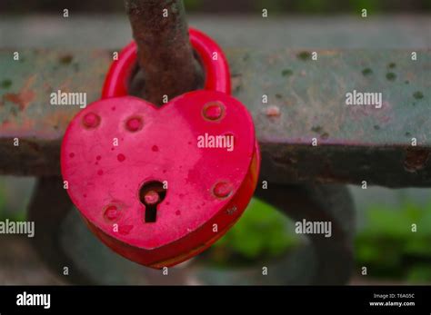 Beautiful Red Heart Shaped Padlock Locked On Iron Chain Stock Photo Alamy