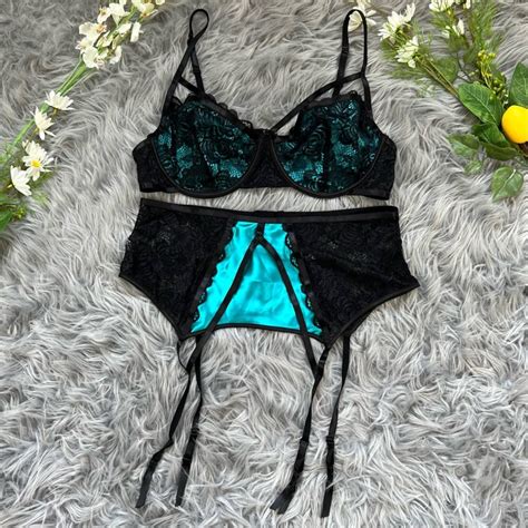 Other Teal And Black Bra And Garter Belt Set Grailed