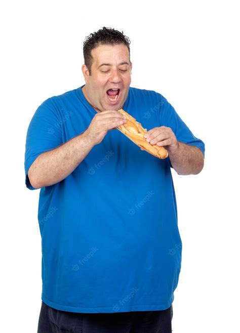 Premium Photo Happy Fat Man Eating A Large Bread Isolated On White