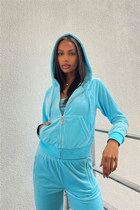 Juicy Couture Uo Exclusive Embossed Velour Blue Zip Through Hoodie