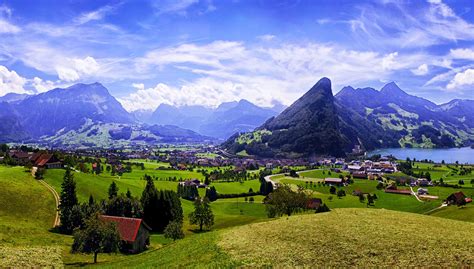 4k 5k Schwyz Switzerland Mountains Roads Grasslands Houses