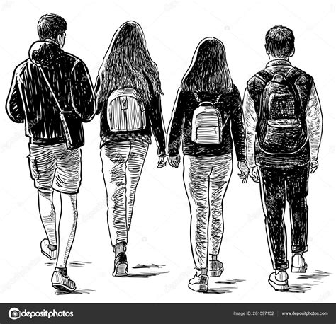 Sketch Students Friends Walking Street Stock Vector Image By
