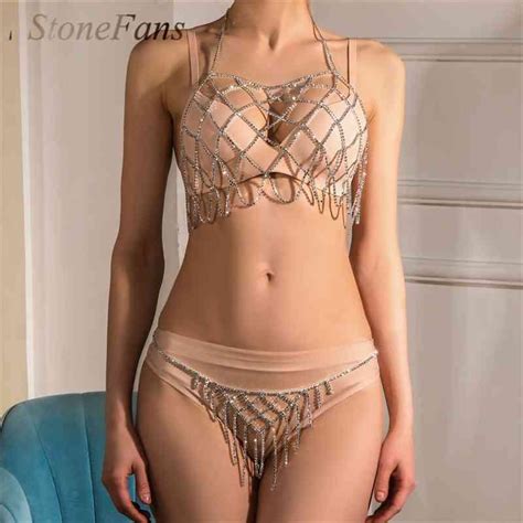 Stonefans Simple Rhinestone Mesh Body Chain Set Top Bikini For Women Jewelry Sexy Rave Lingerie