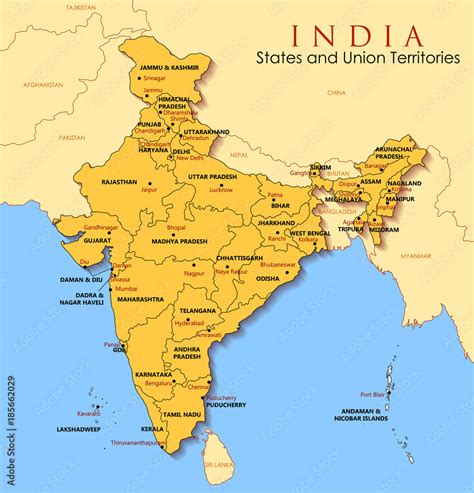 Detailed Map Of India Asia With All States And Country Boundary Vector