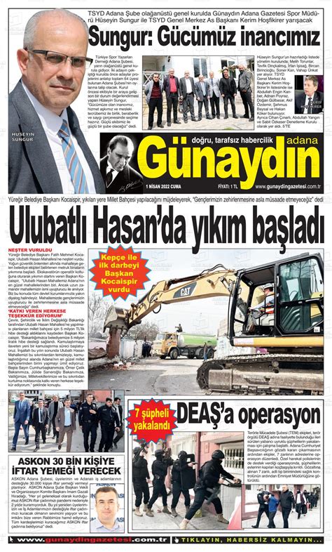 01 Nisan 2022 tarihli Günaydın Adana Gazete Manşetleri