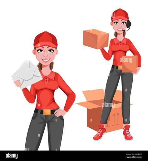 Courier Woman Set Of Two Poses Delivery Service Concept Cheerful