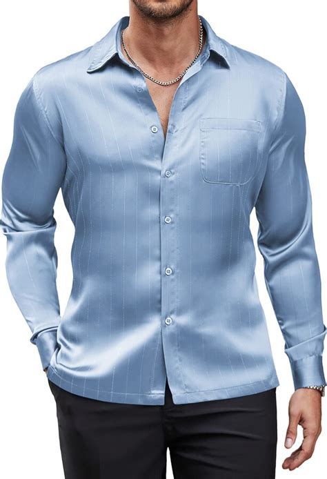 Coofandy Mens Luxury Satin Dress Shirt Shiny Silk Long Sleeve Button