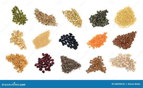 Collection Set Of Cereal Grains And Seeds Heap Stock Photo