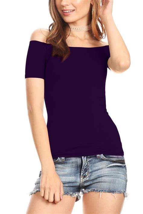 simlu short sleeve slim fit off shoulder top for women made in usa size medium purple