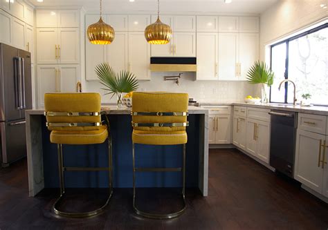 Waterfall Kitchen Island With Hollywood Regency Yellow Barstools