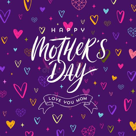 Happy Mother`s Day Greeting Card Brush Calligraphy On A Hand Drawn Hearts Pattern Background