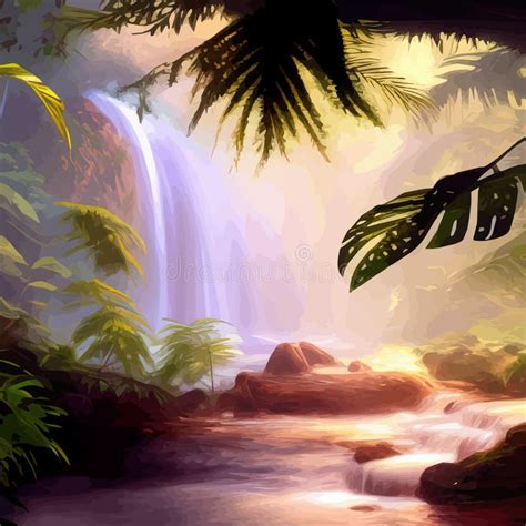 Tropical Botanical Landscape Vector Illustration With Waterfalls And