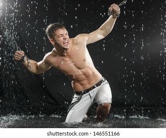 Strong Man Chains Posing Under Rain Stock Photo 146551166 Shutterstock