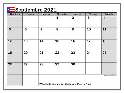 Calendario “puerto Rico” Impresión Septiembre 2021 Michel Zbinden Es