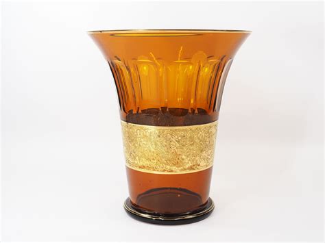 Art Deco Moser Karlsbad Large Amber Glass Vase With Oroplastic Frieze Selency